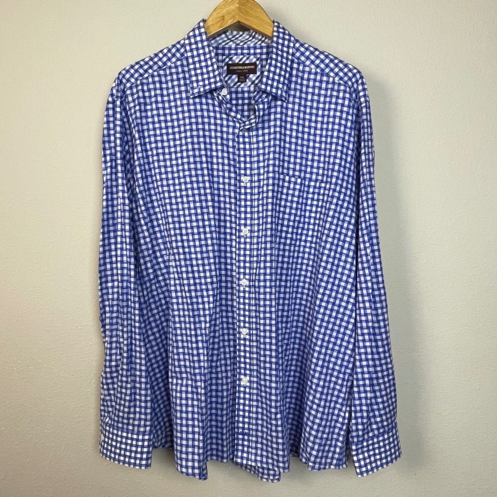 Johnston & Murphy Men's XXL Blue‎ White Gingham Button Down Shirt Long Sleeve